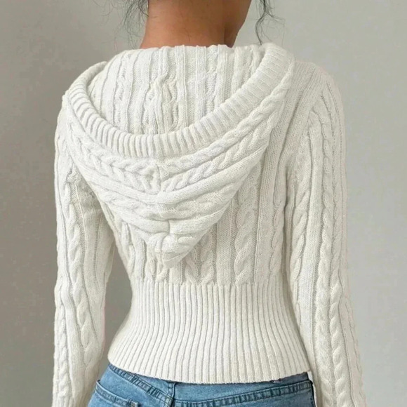 White Casual Women's Fitted Drawstring Hooded Cardigan - Picture 2 of 5